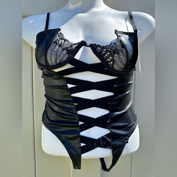 NWT seven til midnight lace S&M bondage lace & lame crotchless black teddy Sz L - Picture 3 of 10